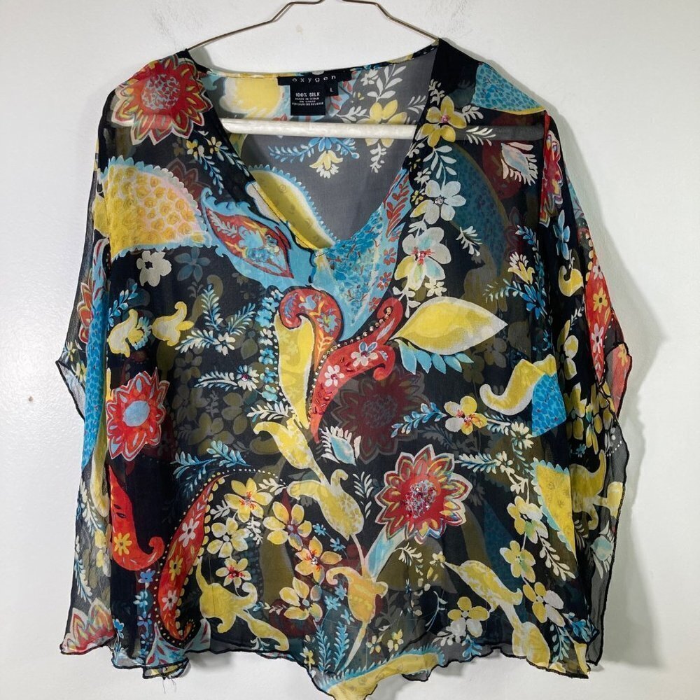 Womens Oxygen V Neck Silk Sequin Top Slit Sleeve‎ Floral Black Yellow Blue L